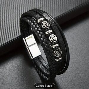Black Leather Bracelet with Silver Accents